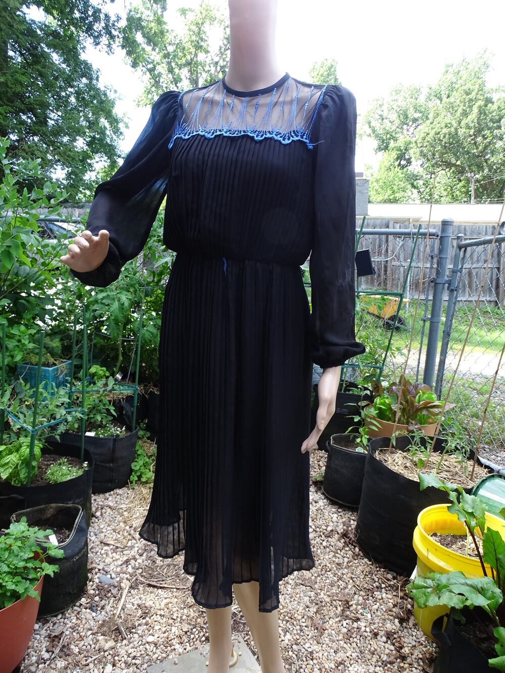 Vtg M.E. II by Lucero Pleated Midi Dress Black Semi Sheer Whimsical Goth 80s 90s